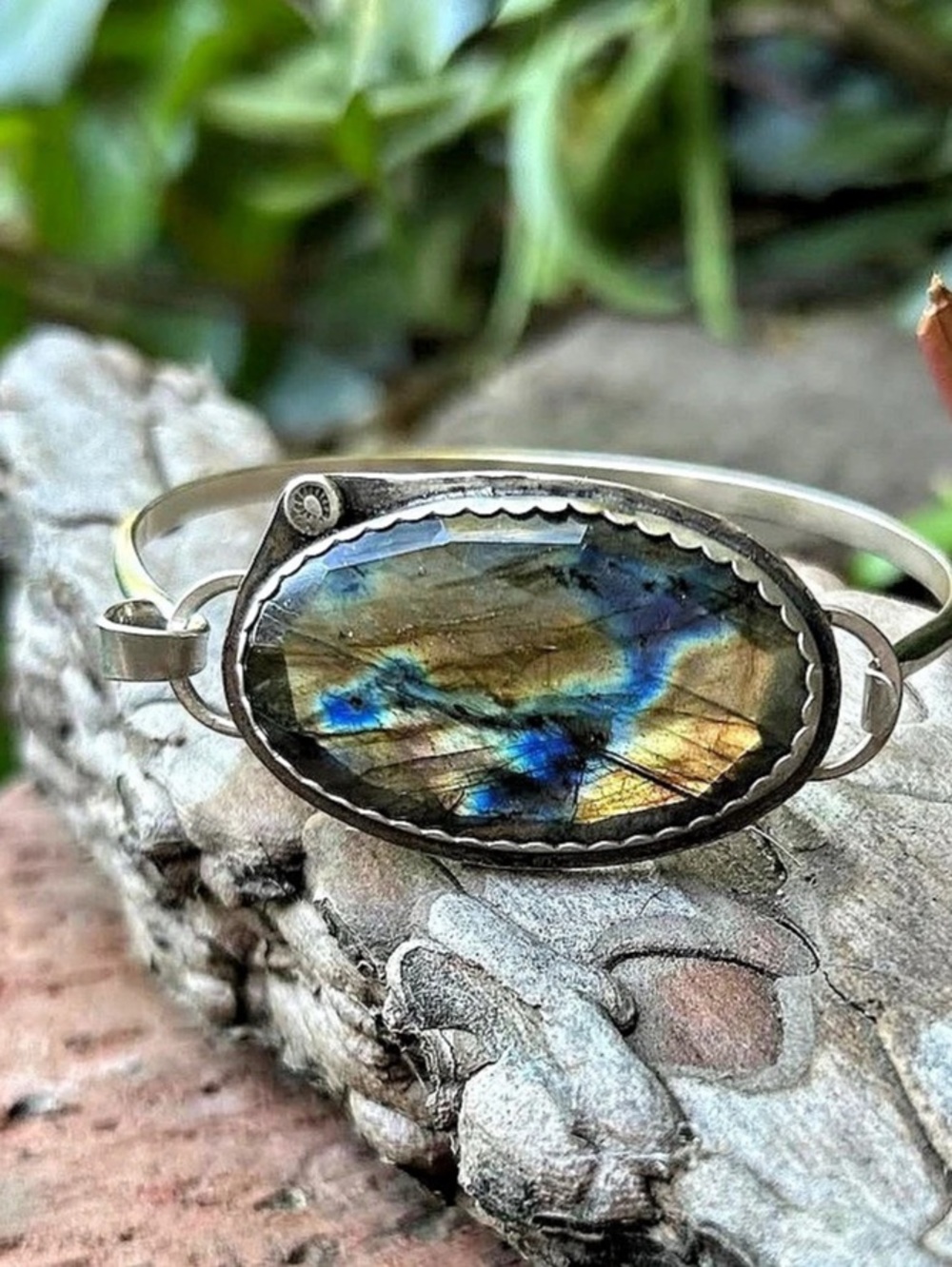 Handmade Sterling Silver Labradorite Bangle Bracelet Blue Gold Flash